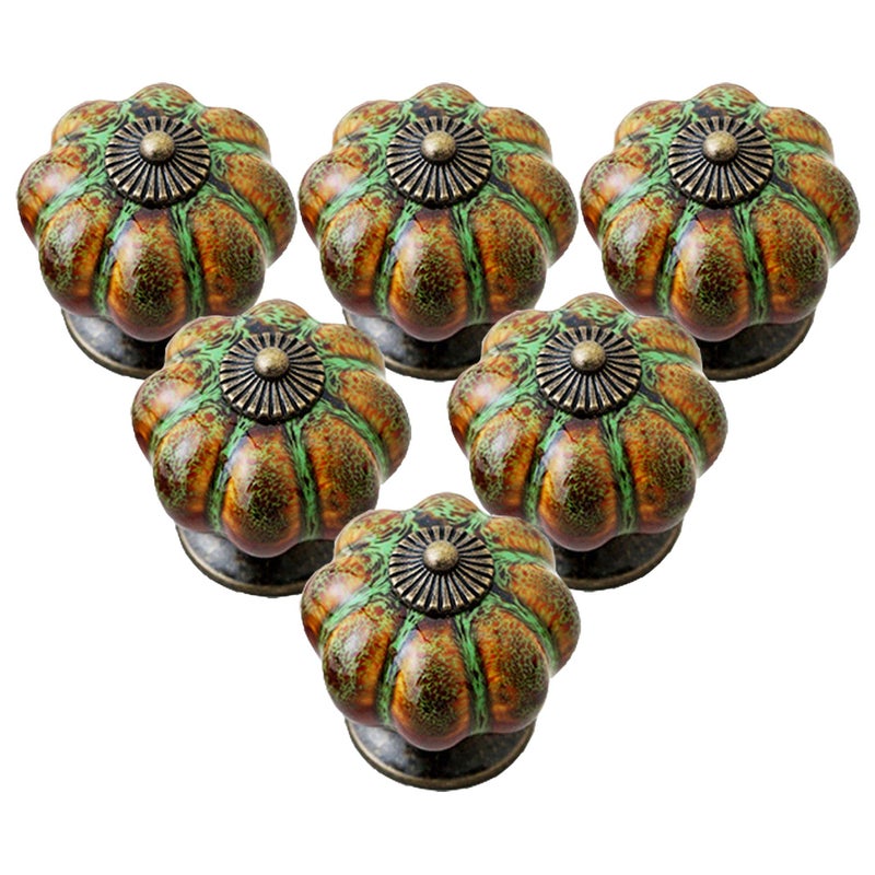 IEIK Ceramic Glazed Cabinet Knobs Pumpkin Shape Classy Vintage Decorative Knobs Cabinet Closet Drawers Dresser Pull Handle 6 Pack (Green) - Image 1
